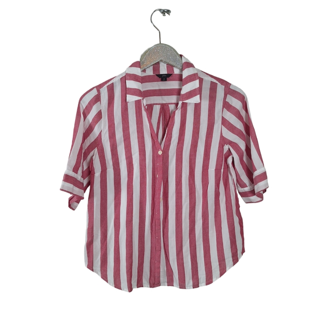 J. Crew Pink Striped Button Down Short Sleeve Top